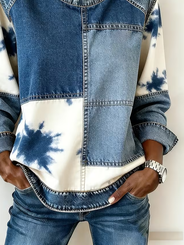 Women's Abstract Stripes Print Patchwork Denim Crewneck Long-Sleeved Sweatshirt