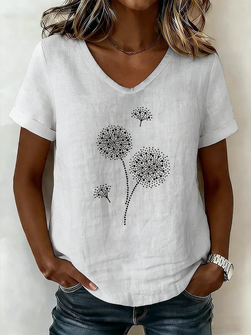Women's V-Neck Short-Sleeve Blouse â€?Textured Linen