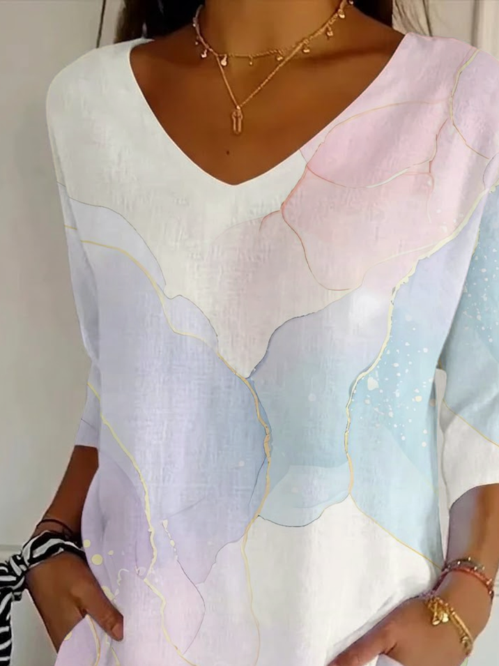 Women's Three Quarter Sleeve T-shirt Spring/Fall As Picture Abstract Printing V Neck Daily Going Out Casual Top