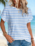 Tummy Coverage Crew Neck Short Sleeve Stripe Print Top