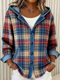 Plaid Color Block Denim Casual Loose Long Sleeve Button Cardigan with hooded Going Out Casual Hoodie