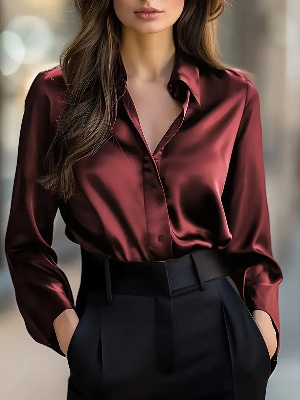 Satin Plain Shirt Collar Long Sleeve Elegant Casual Shirt