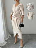 Elegant Slit V NECK Flared Sleeves Knot Tight Maxi Dress