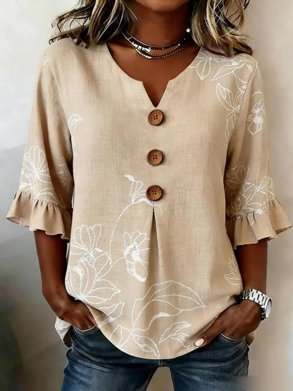 Women's Half Sleeve Blouse Summer Khaki Floral Printing V Neck Daily Going Out Vintage Top