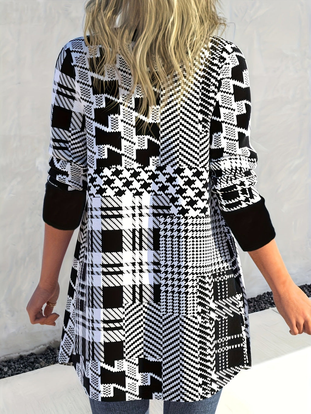 Casual Diamond Geometric Pattern Digital Printing Patchwork Collarless Loose Cardigan