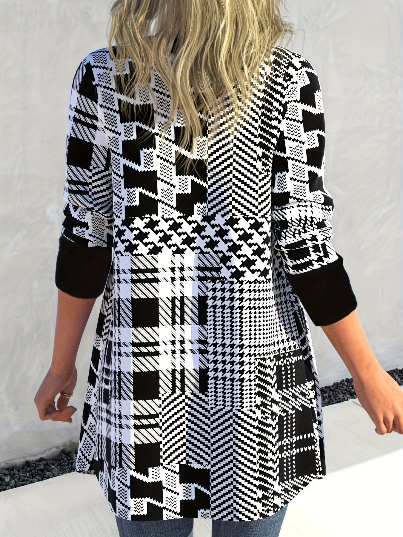 Casual Diamond Geometric Pattern Digital Printing Patchwork Collarless Loose Cardigan