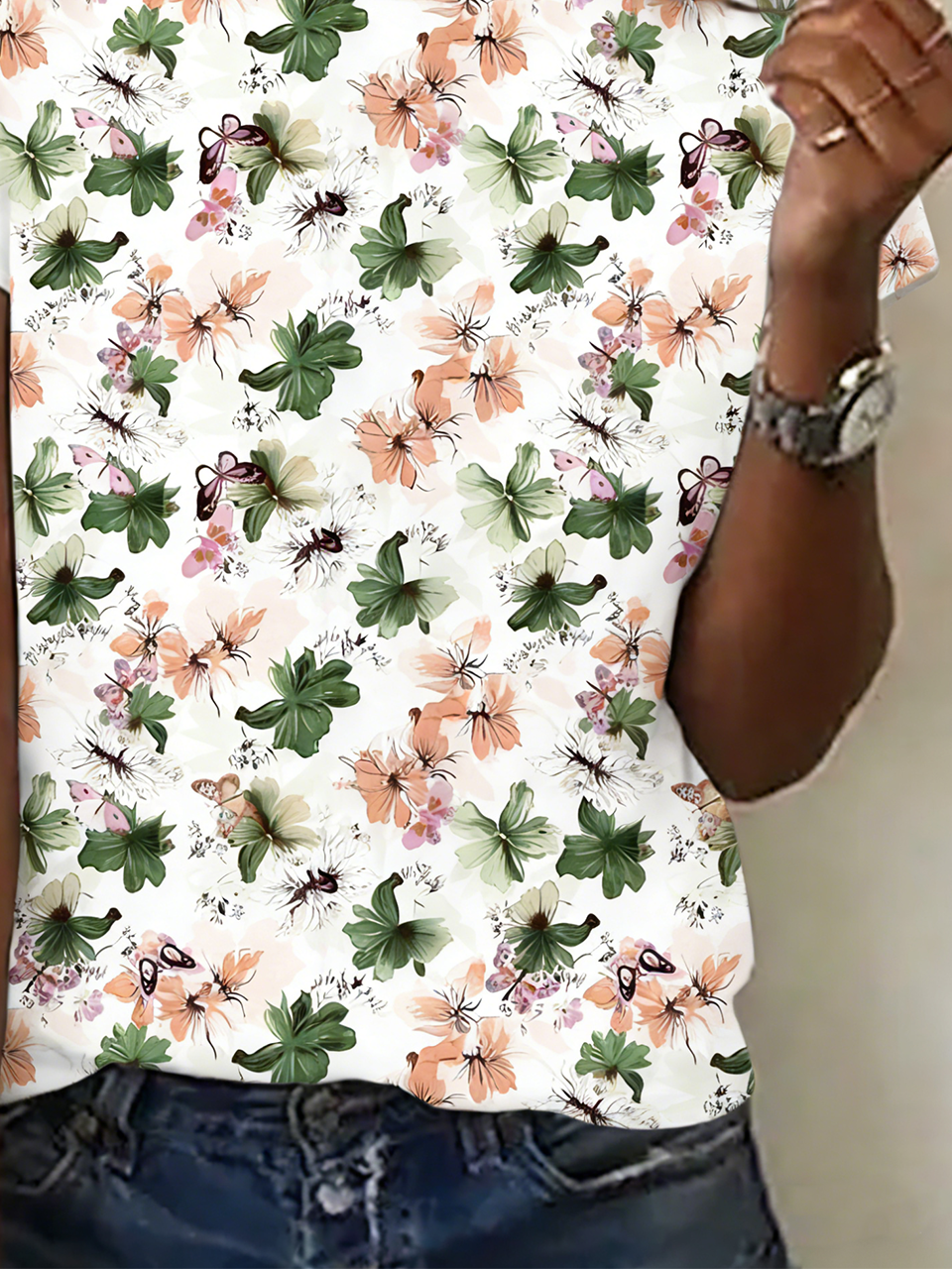 Cotton Casual Crew Neck Floral T-Shirt