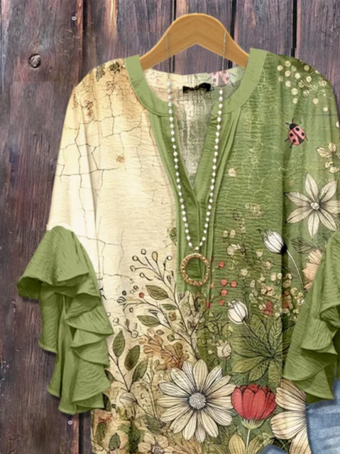 Women's Half Sleeve Shirt Summer Green Floral Printing V Neck Daily Going Out Casual Top
