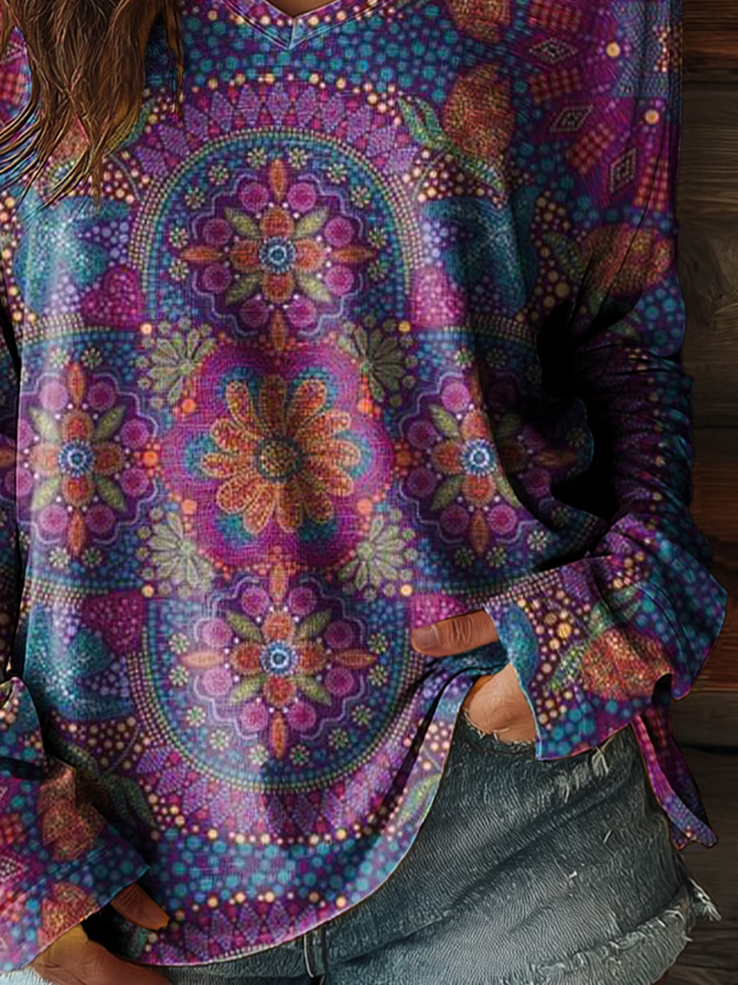 Women's Long Sleeve T-shirt Spring/Fall Purple Floral Printing Jersey V Neck Daily Going Out Casual Top
