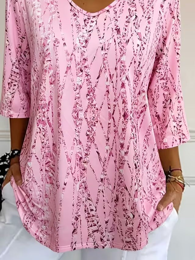 Women's Three Quarter Sleeve T-shirt Spring/Fall Pink Abstract Printing V Neck Daily Going Out Casual Top