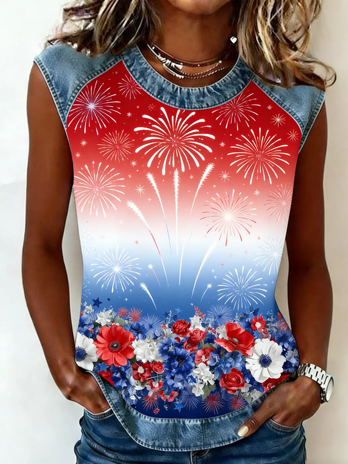 Vintage Floral Loose Crew Neck Tank Top