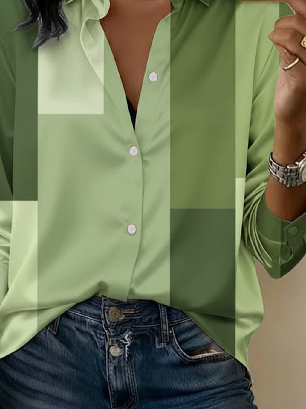 Women's Long Sleeve Shirt Spring/Fall Green Abstract Shawl Collar Daily Going Out Casual Top