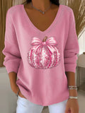 Women's Long Sleeve T-shirt Spring/Fall Pink Halloween (pumpkin) Printing V Neck Daily Going Out Casual Top