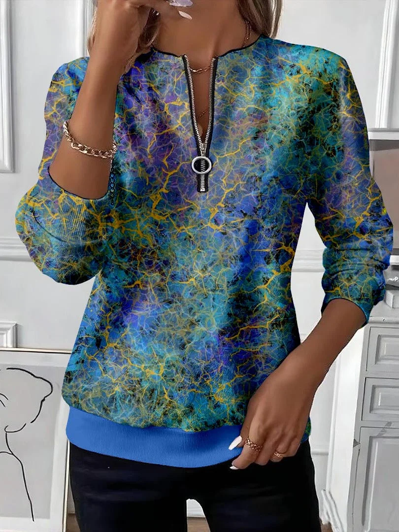 Women's Abstract Print Casual Zip-Up Long Sleeve Sweatshirt