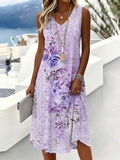 Loose Casual Floral V Neck Dress With No