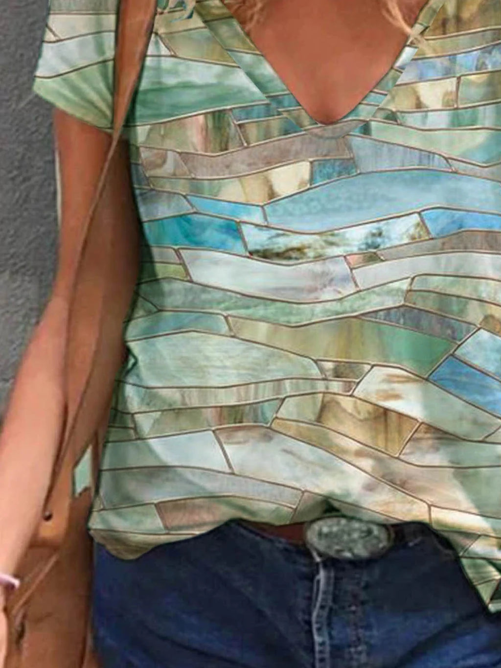 Geometric Short Sleeve Printed Cotton-blend V neck Holiday Summer Beige Top
