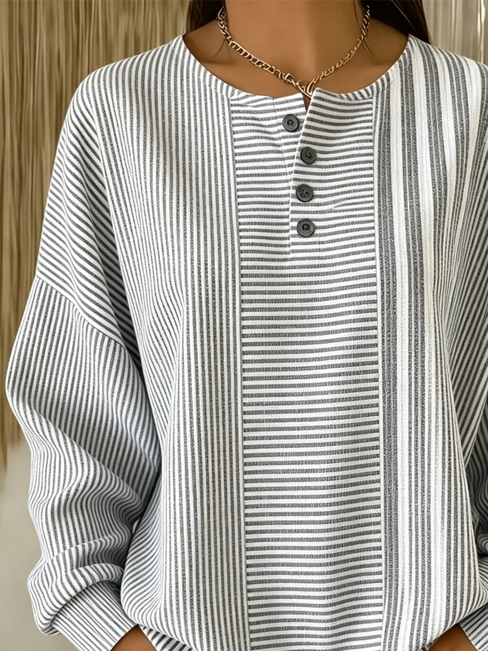 Blue & White Asymmetrical Stripe Panel Print Long Sleeve Henley Neck Casual Sweatshirt