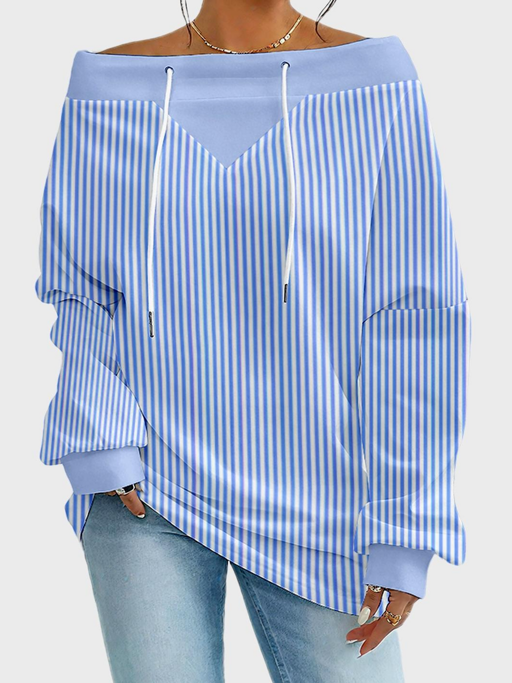 Women's Sweatshirt Striped Pattern Fashionable Everyday Street Off-Shoulder Drawstring Top