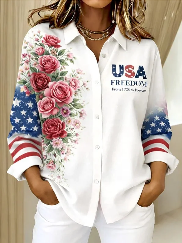 Women's American Flag Floral Casual Shirts