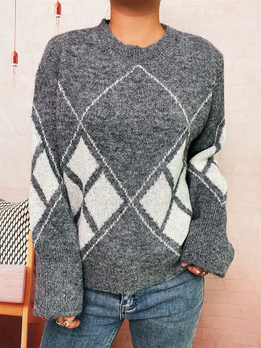 Crew Neck Geometric Knitted Casual Sweater