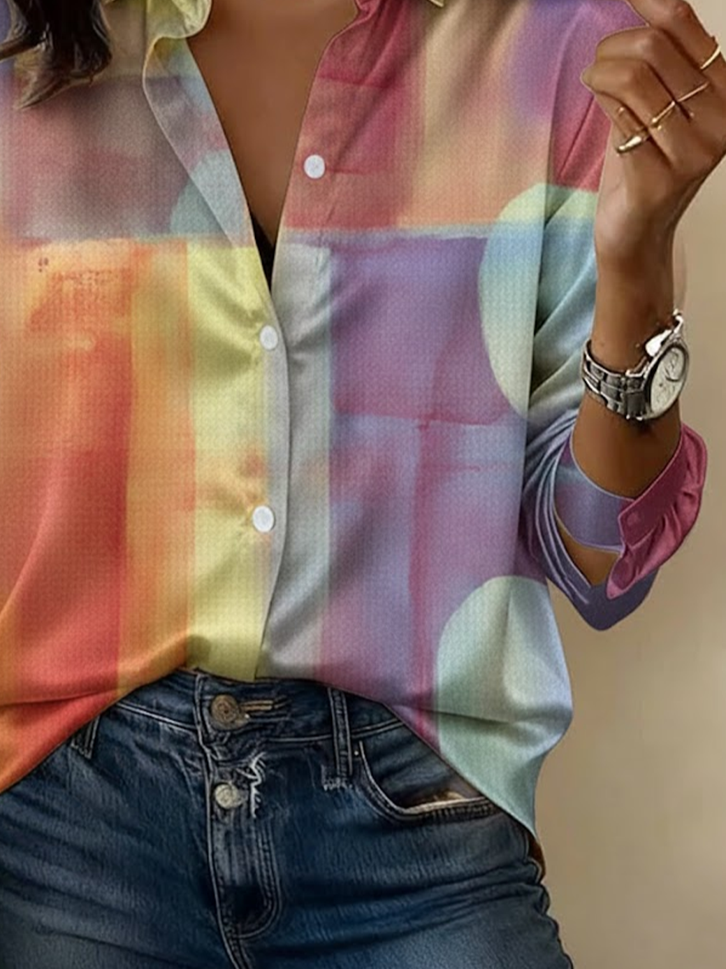 Women's Long Sleeve Shirt Spring/Fall As Picture Abstract Shawl Collar Daily Going Out Casual Top
