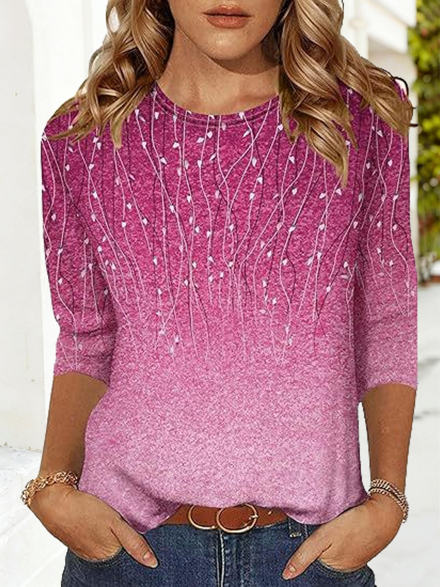 Elegant Ombre Loose Three Quarter Sleeve Crew Neck T-Shirt
