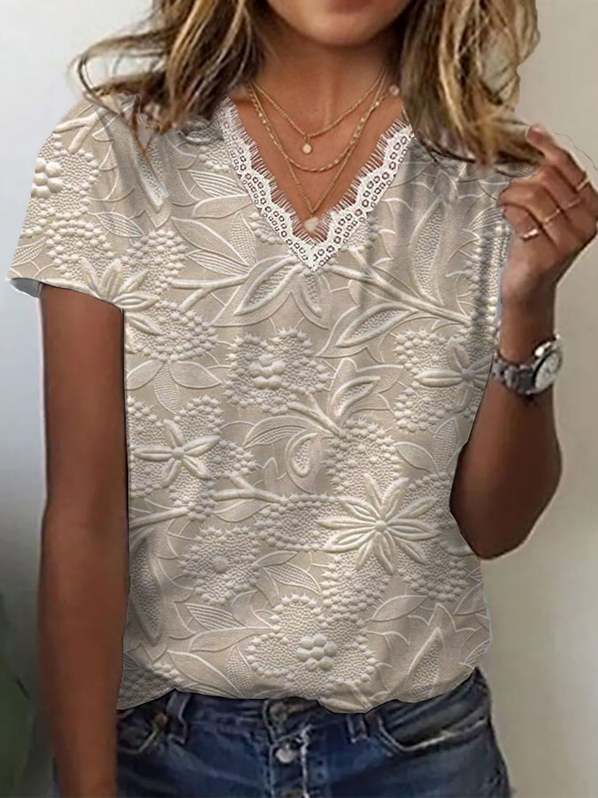 Women's Short Sleeve T-shirt Summer Apricot Floral Printing V Neck Daily Going Out Casual Top