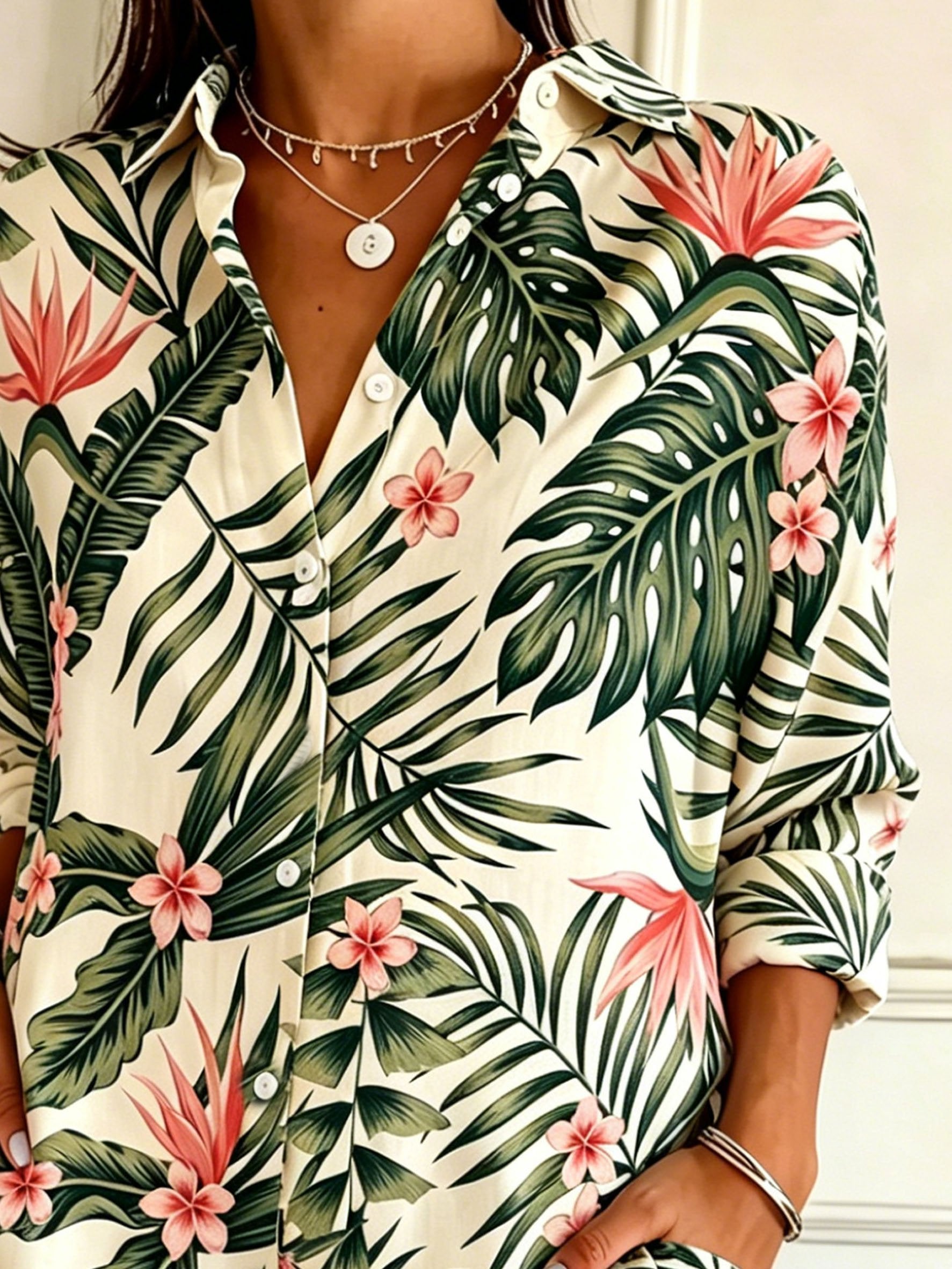 Vintage Tropiacal Print Shawl Collar Linen Blend Casual Shirt