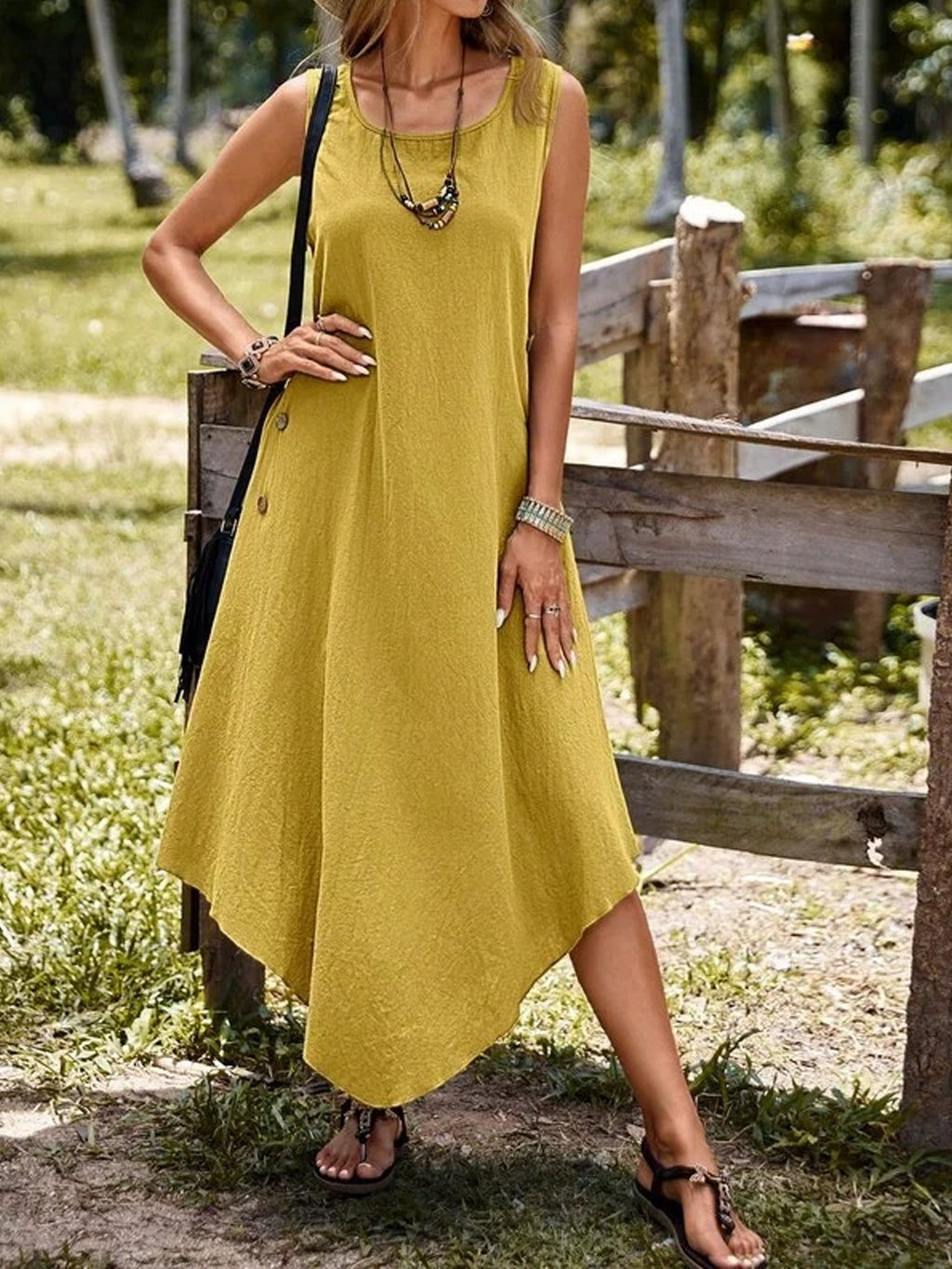Women Linen Blend Vintage Crew Neck Sleeveless A-Line Button Irregular Hem Summer Going Out Dress
