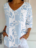 Women's Three Quarter Sleeve T-shirt Spring/Fall Blue Floral Printing V Neck Daily Going Out Casual Top