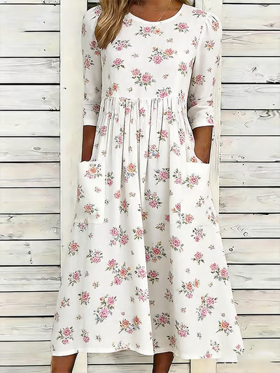 Loose Crew Neck Casual Floral Dress With No