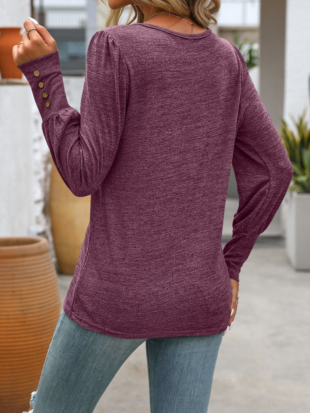 Women's Long Sleeve Shirt Spring/Fall Purple Plain Split Joint Cotton-Blend Crew Neck Daily Going Out Casual Top