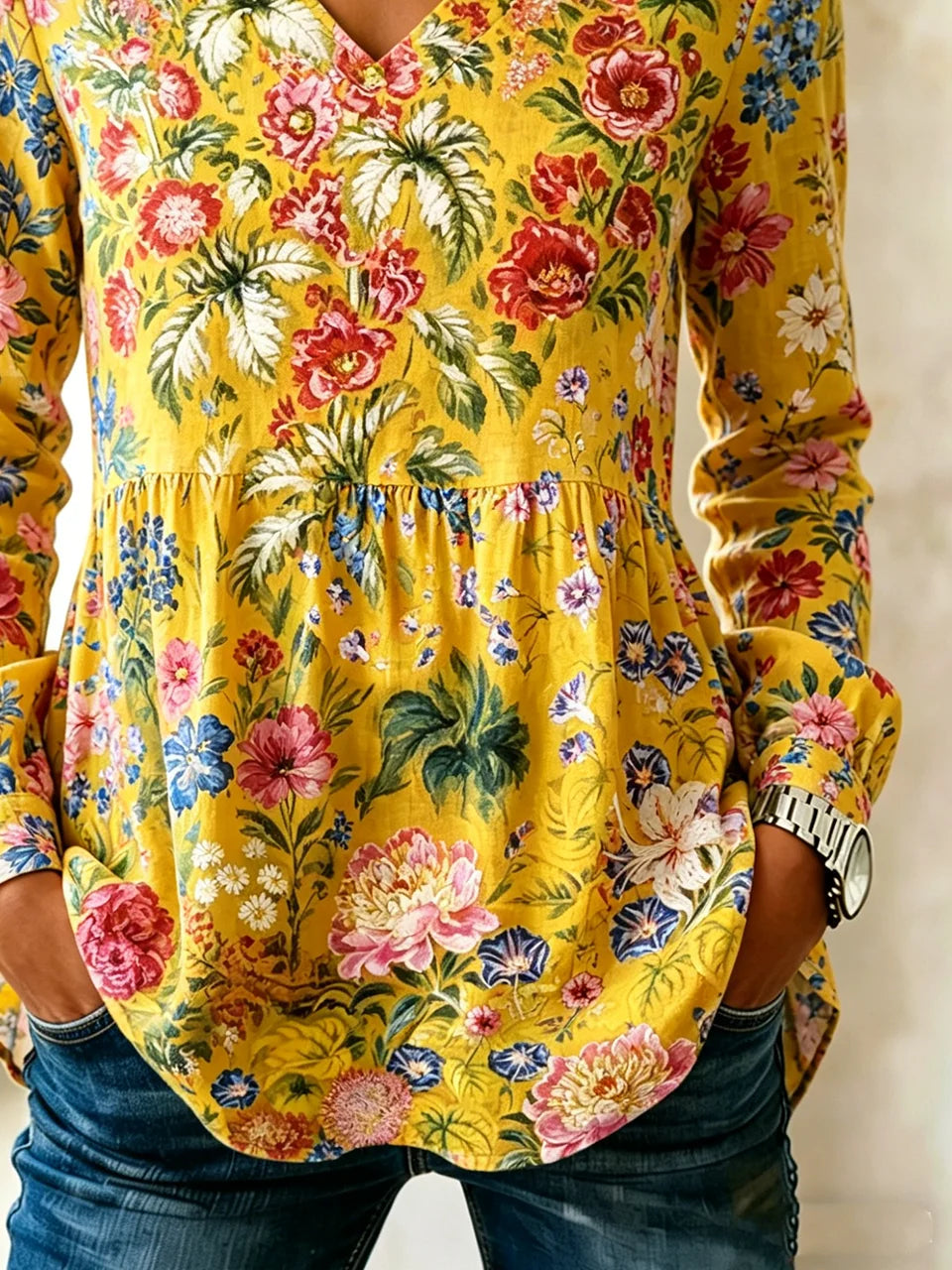 V Neck Floral Loose Vintage Shirt