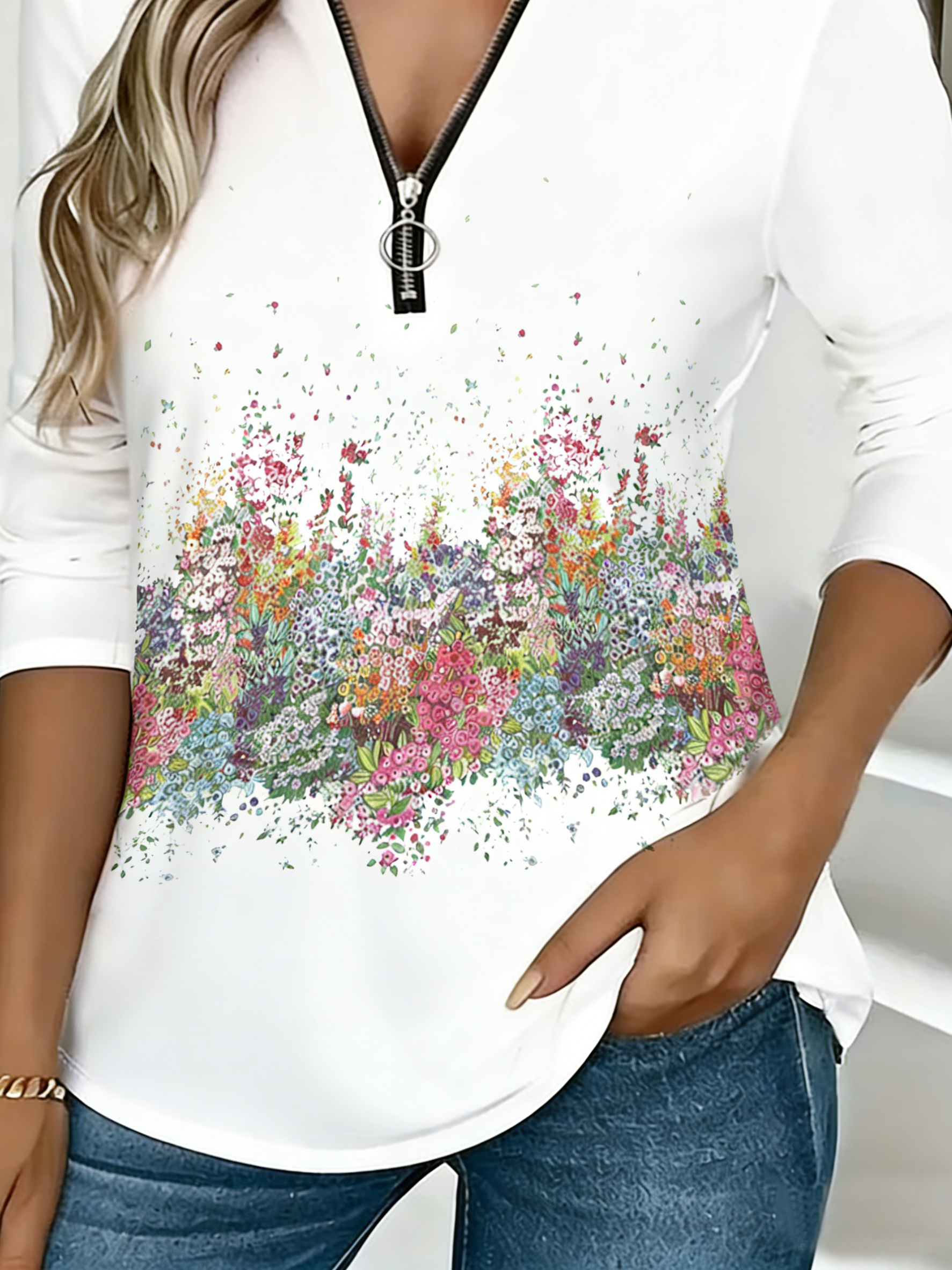 Casual Floral Pattern Zipper T-Shirt