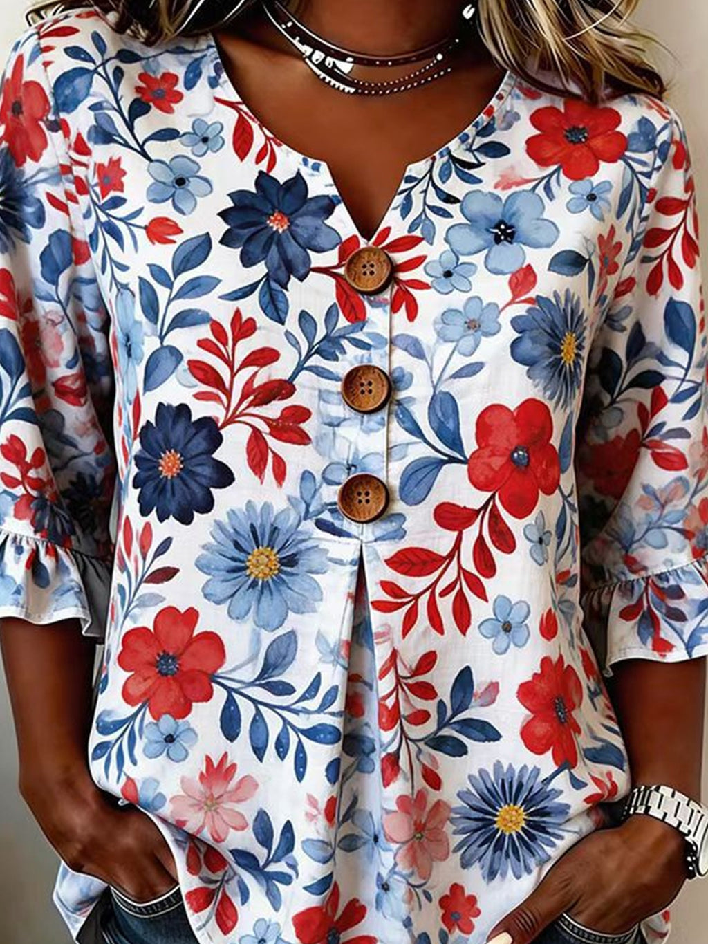 Polyester Cotton Floral V Neck Button Short Ruffle Sleeve Casual Top