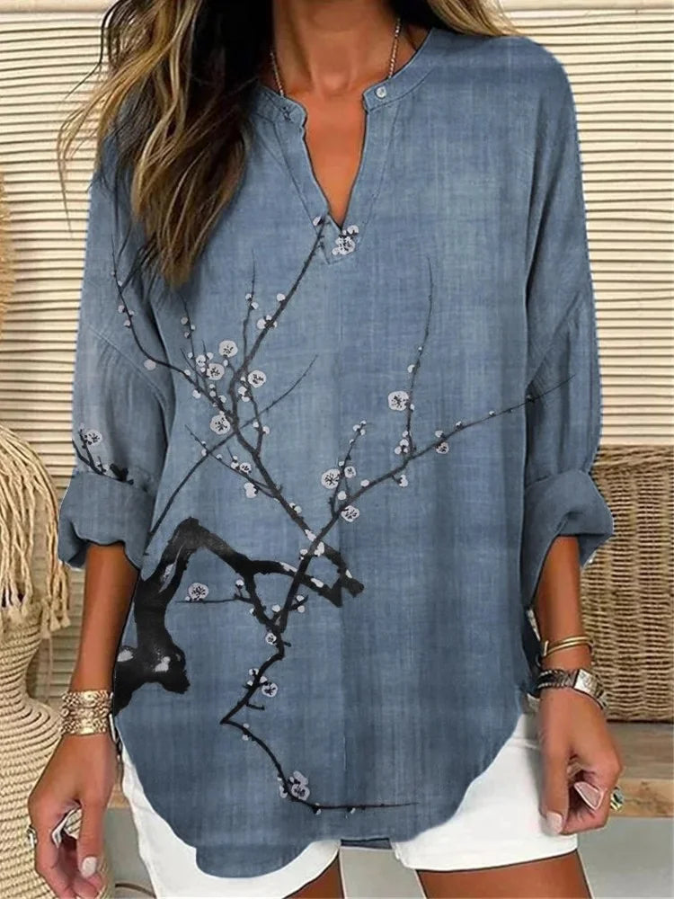 Simple Plum Blossom Japanese Art Linen Blend Tunic