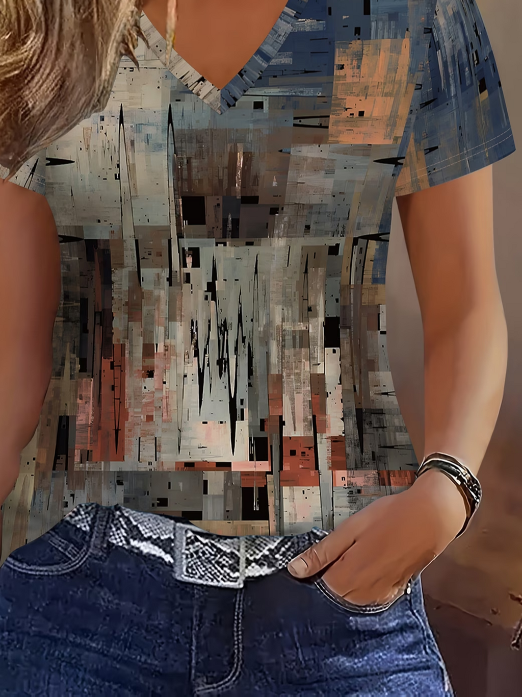 Women's Short Sleeve T-shirt Summer As Picture Abstract Printing V Neck Holiday Going Out Vintage Top