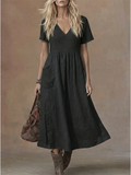Elegant V Neck Short Sleeve Side Button Pocket Casual Midi Dress