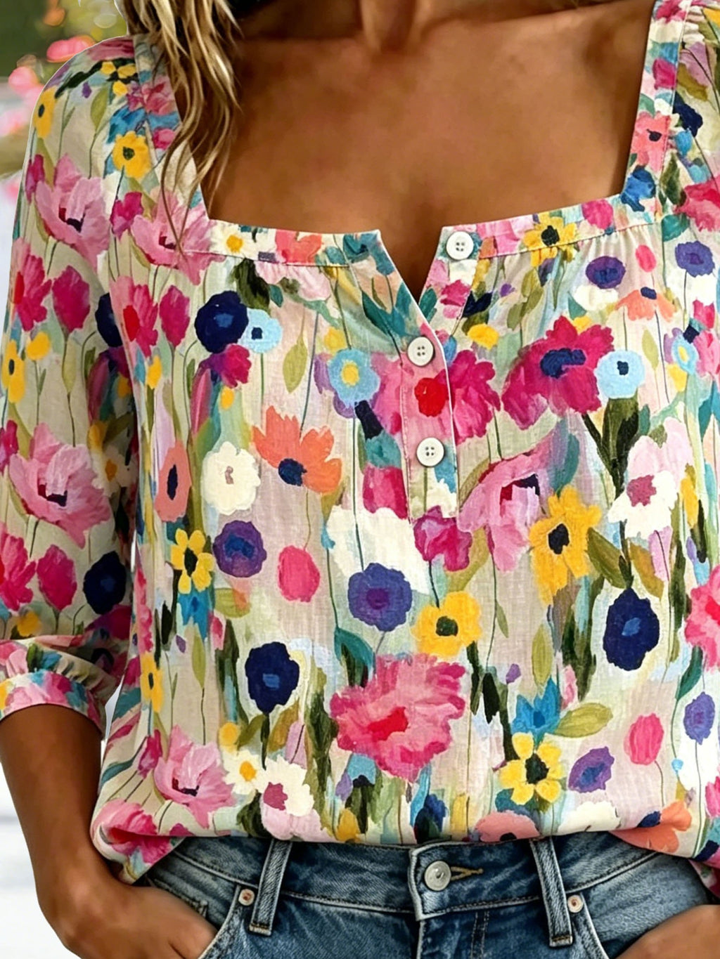 Women's Three Quarter Sleeve Blouse As Picture Floral Printing Square Neck Daily Going Out Vintage Top