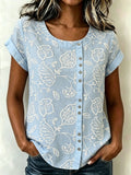 3D Printing Casual Linen Blend Crew Neck Short Sleeve Button Loose Casual Top