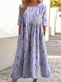 Casual Loose Floral Crew Neck Dress With No