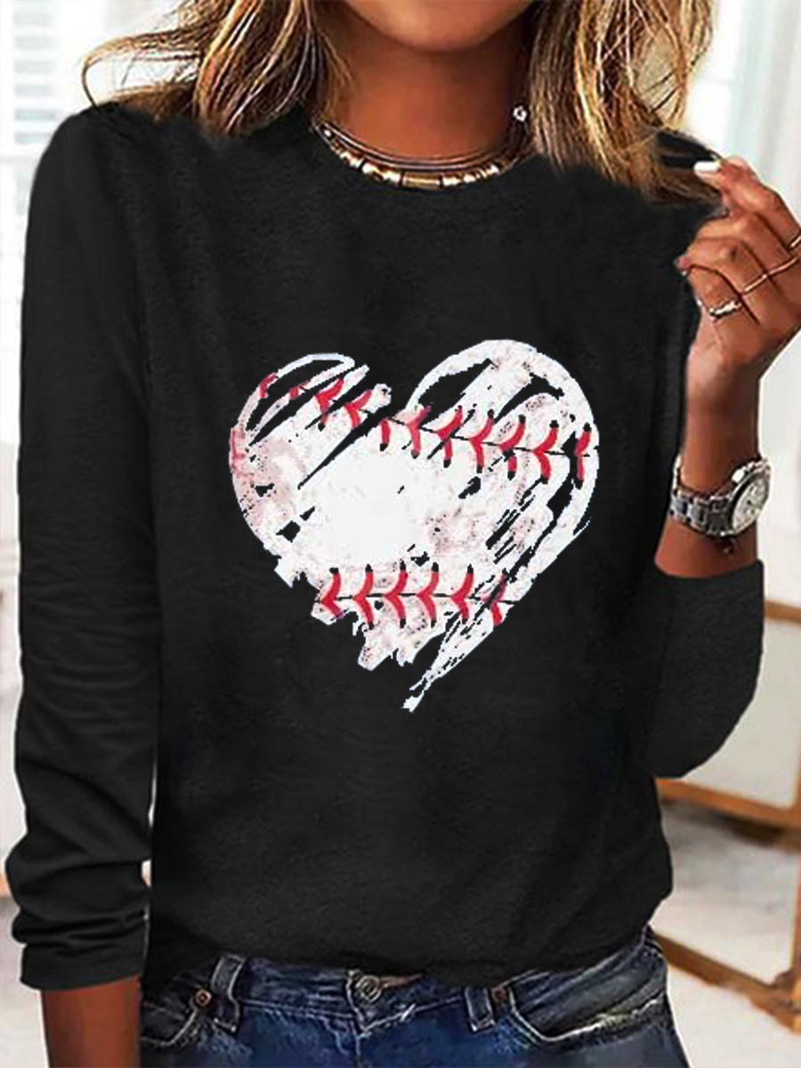 Baseball Shirts Women Game Day Shirt Baseball Heart Graphic Regular Fit Casual Long Sleeve Shirt