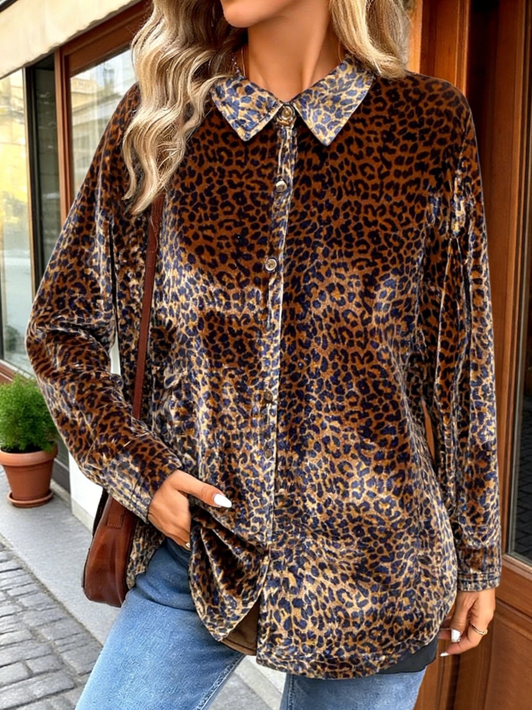 Casual Loose Velvet Leopard Print Shirt
