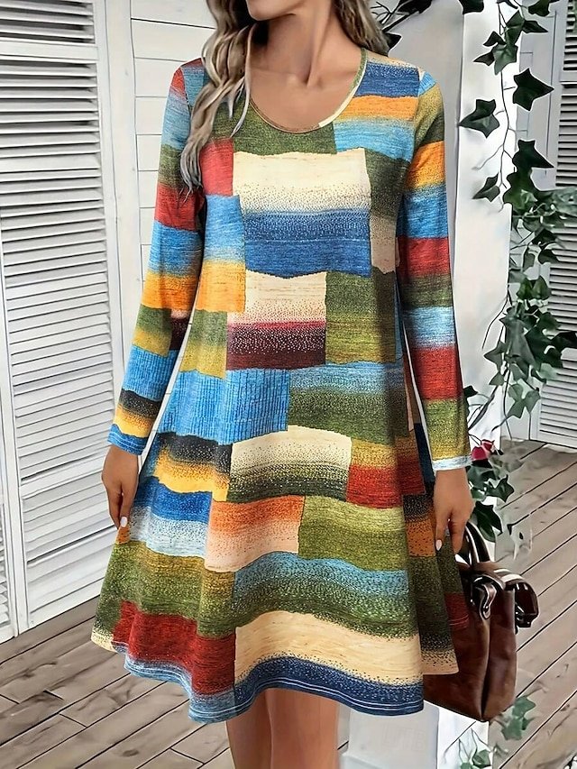 Vibrant Patchwork Print Long Sleeve Round Neck A Line Flowy Mini Dress Casual Swing Dress