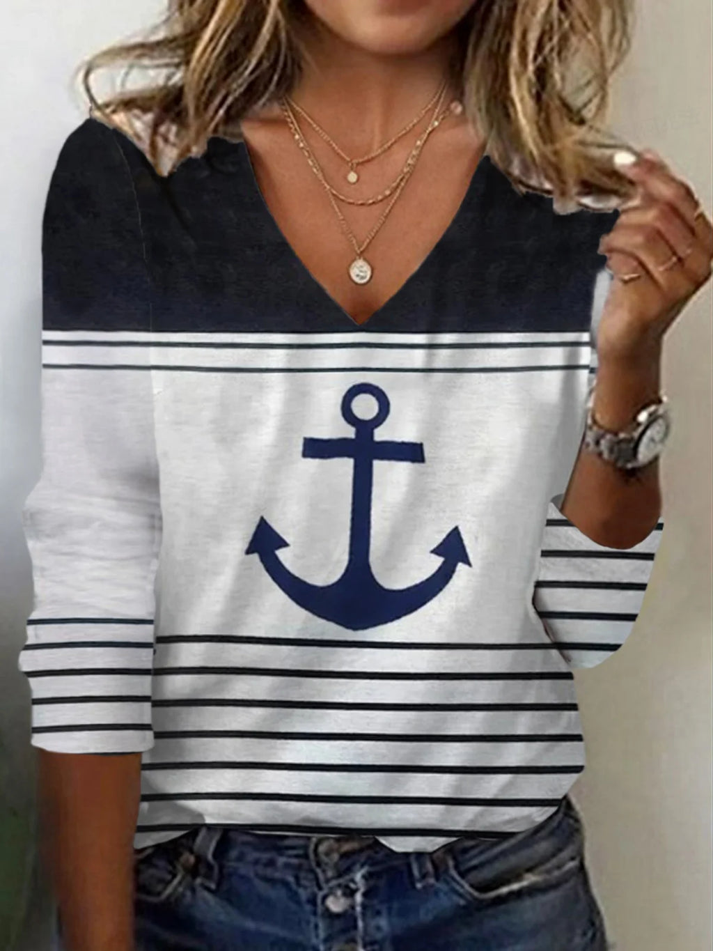 Anchor Print Long Sleeve V-Neck T-shirt