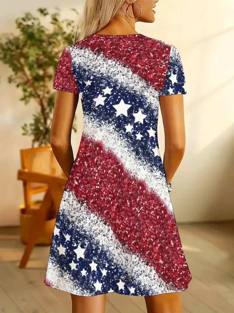 Women's Short Sleeve Summer As Picture America Flag V Neck Daily Going Out Casual Midi A-Line Fit & Flare Dress Dress
