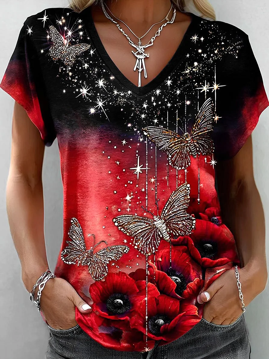 Women's Short Sleeve T-shirt Summer Red Floral Printing V Neck Holiday Going Out Vintage Top