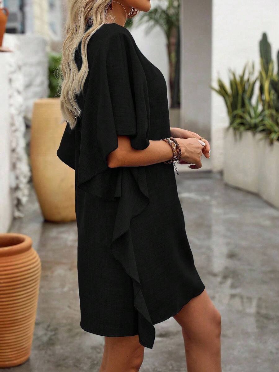 Women's Short Sleeve Summer Khaki Plain Split Joint V Neck Daily Going Out Vintage Mini A-Line Ruffle Skirt Dress