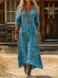 Women's Long Sleeve Spring/Fall Blue Floral Printing V Neck Daily Going Out Vintage Maxi H-Line Dress