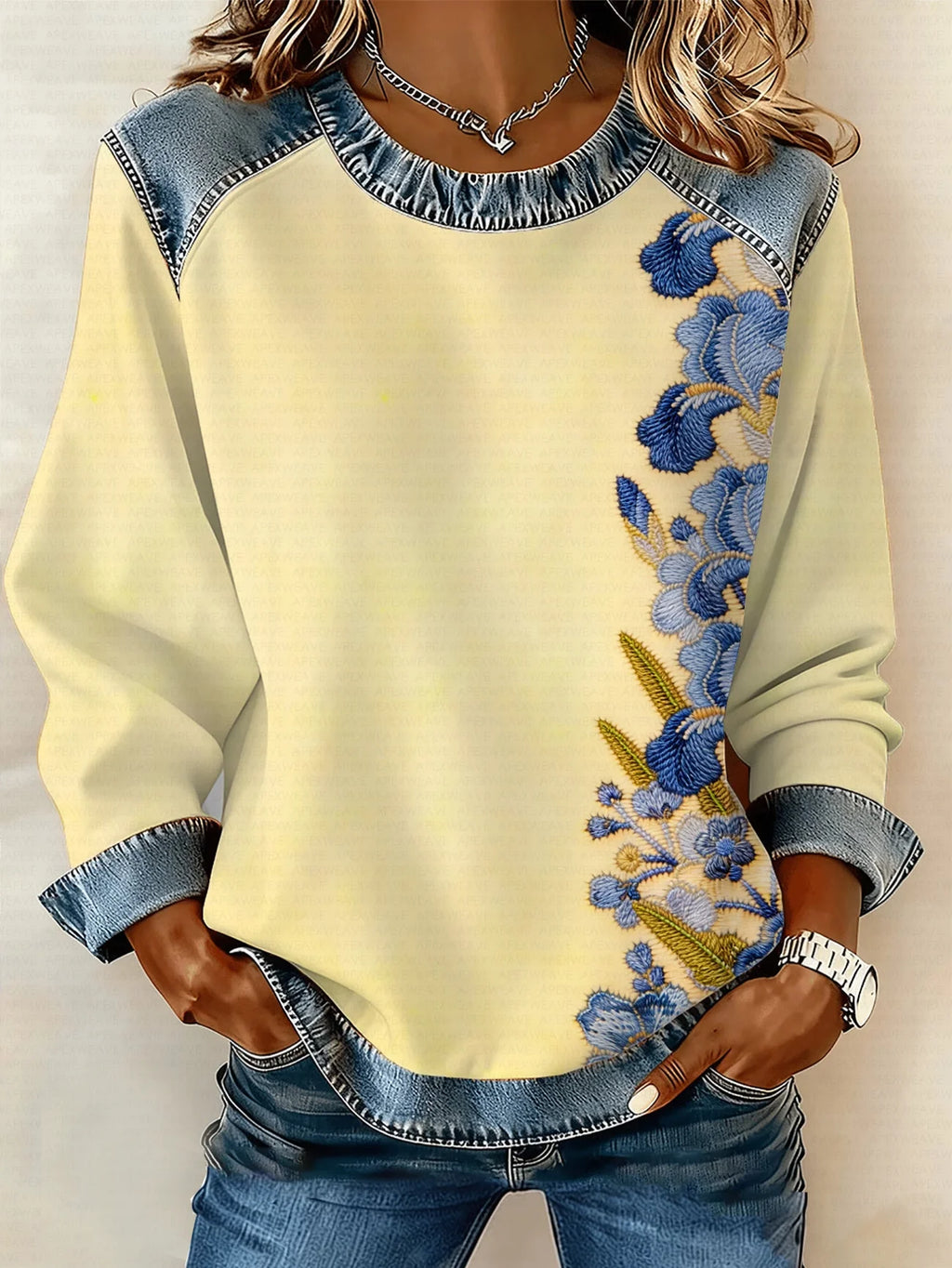 Women's Flower Print Patchwork Denim Crewneck Long-Sleeved Sweatshirt